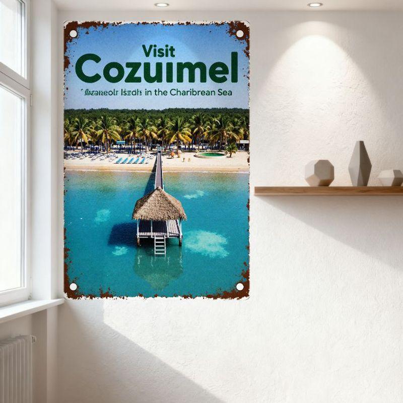 Vintage Cozumel Metal Tin Sign, Rustic Caribbean Beach Pier Palm Trees Design, Home Bar Wall Decor for Island Travel Enthusiasts