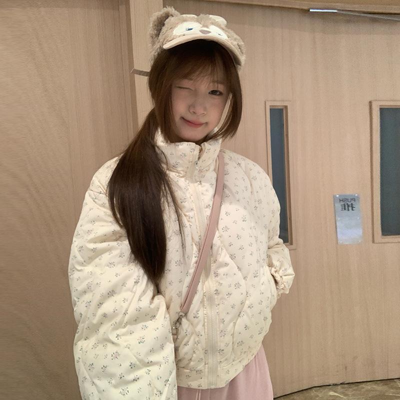 Padded jacket 2025 winter thickened retro floral stand-up collar Korean sweet slimming short floral down cotton