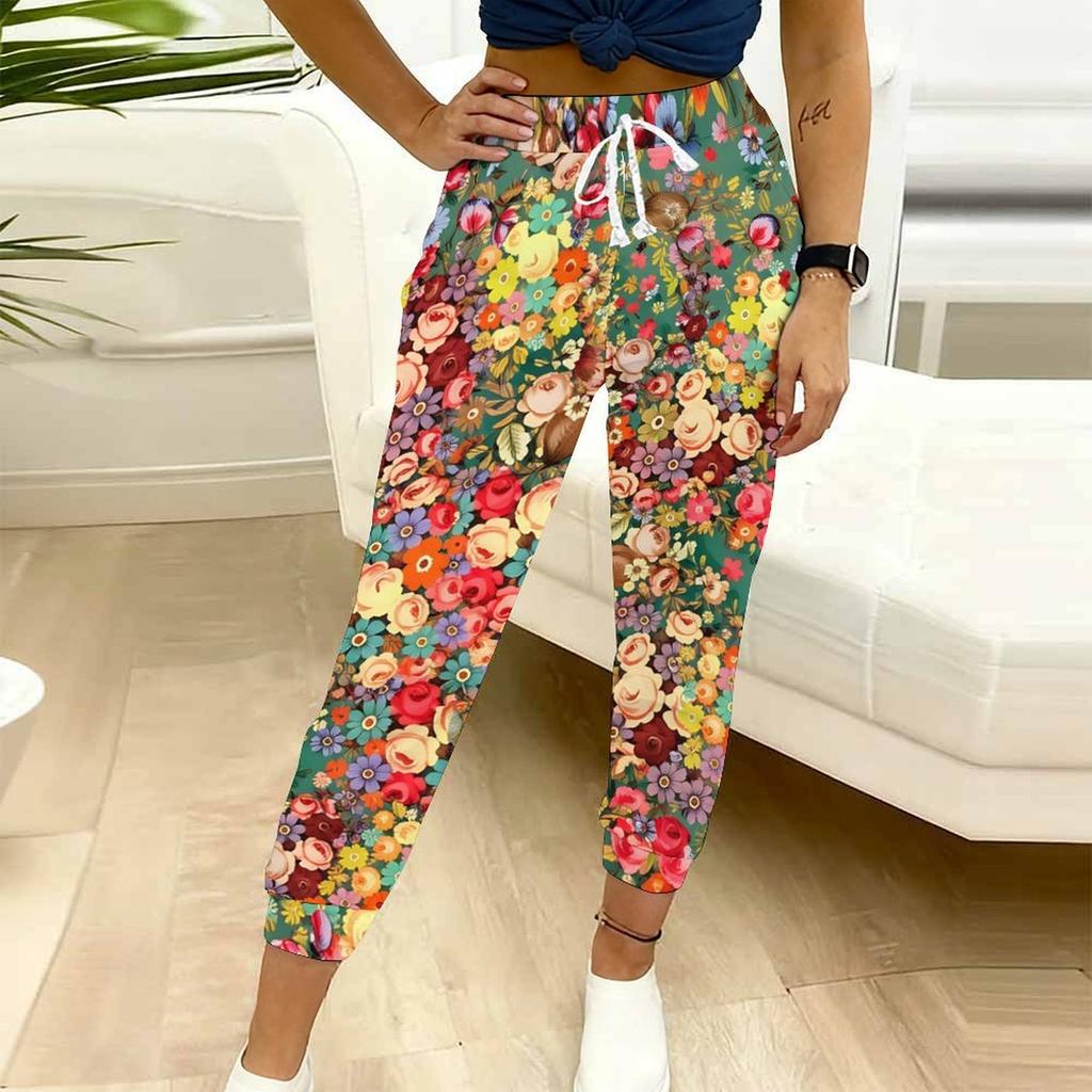 Summer Ladies Colorful Floral Prints Printed Sweatpants Loose Fit Drawstring Joggers Elastic Cuff Daily Casual Pants