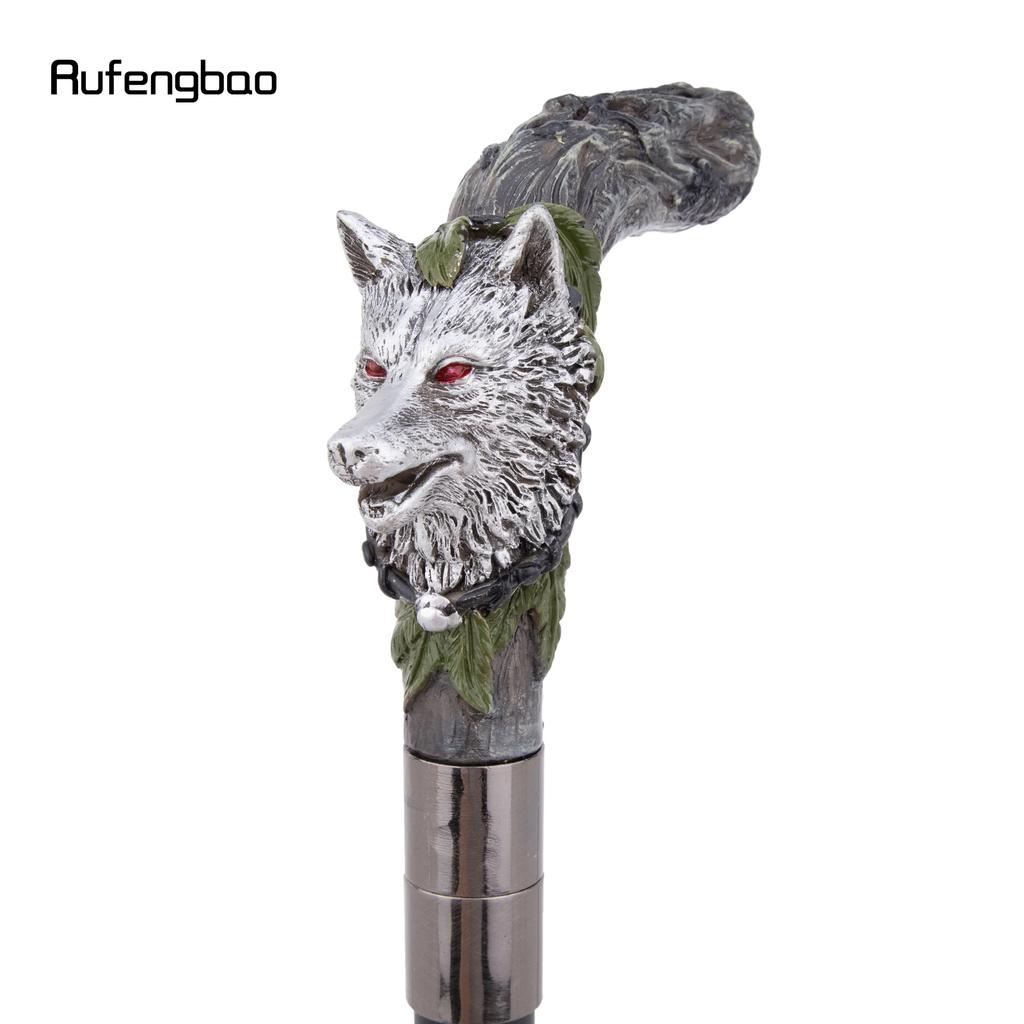 Silver Harts Varghuvud Trärot Gåkäpp Mode Dekorativ Stålstav Gentleman Elegant Cosplay Käpp Knopp Biskopsstav 93cm