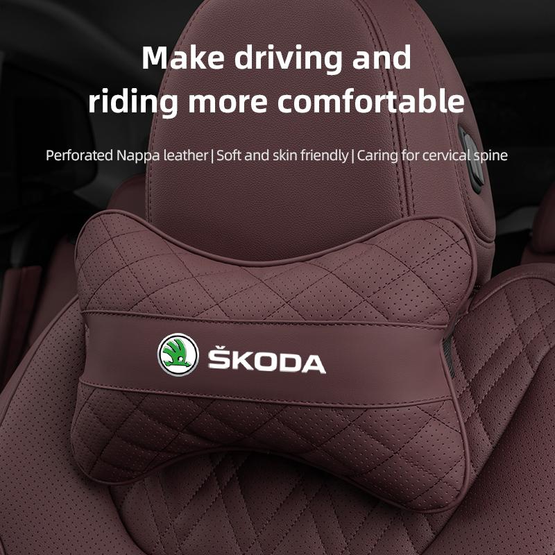 XLM4  1Pcs Leather Car Seat Back Headrest Neck Pillow For Skoda Octavia Superb Rapid Kodiaq Karoq Fabia Kamiq Enyaq Citigo Yeti Scala