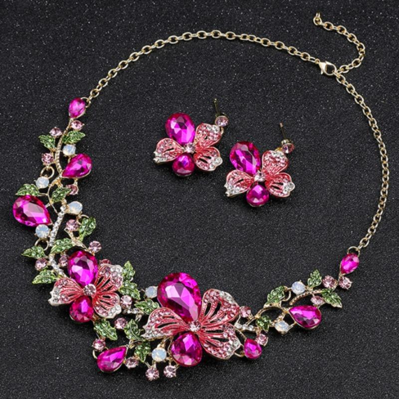 GemChic Women's New Vintage Alloy Branch Leaf Flower Crystal Drops Collarbone Necklace Earrings Two Piece Set Birthday Christmas Jewelry Gift