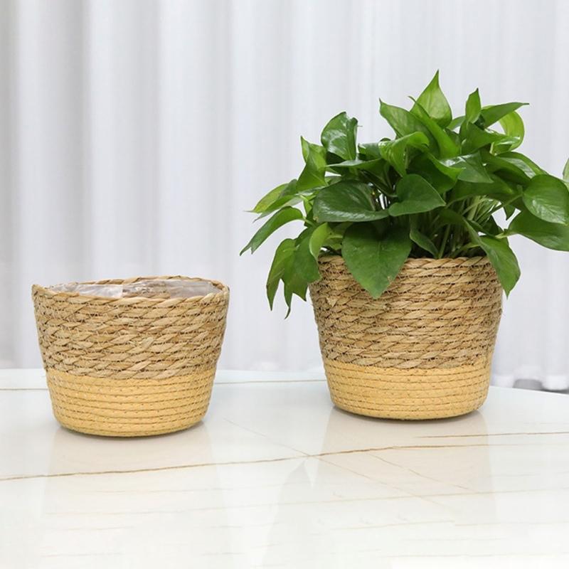 Straw Weaving Plant Pots Containers Hand Woven Plant Pots Cover Leak-Proof Garden Pots Container for Indoor Outdoor Garden