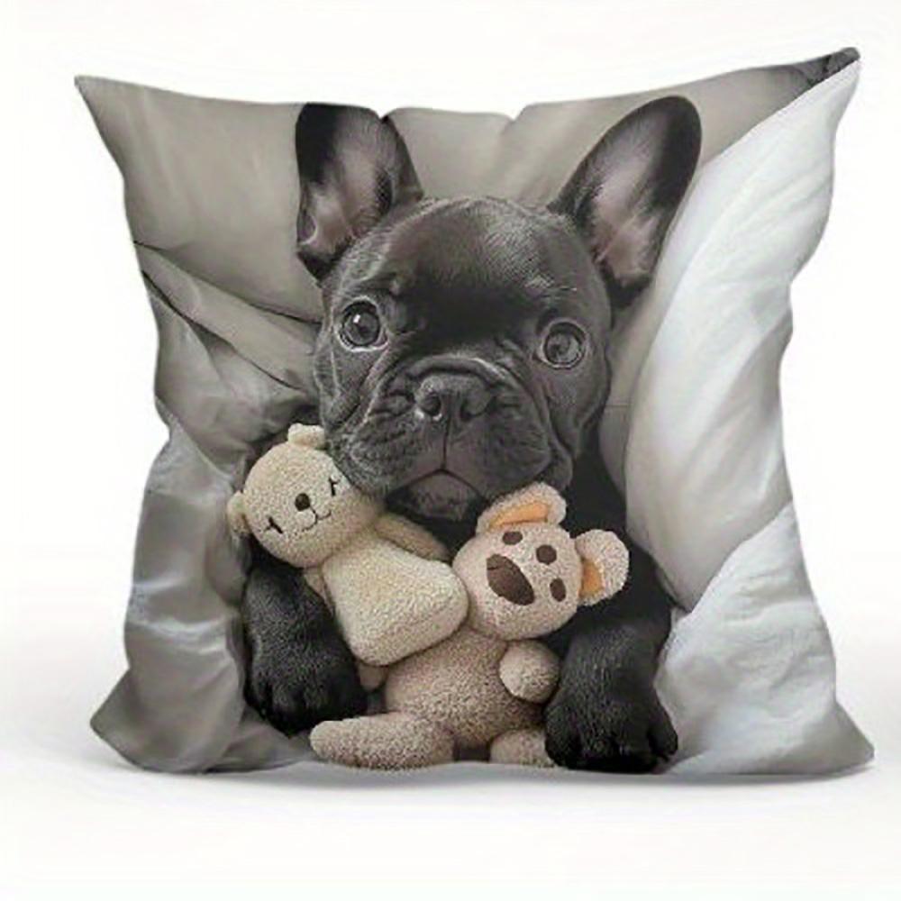Französische Bulldogge Gemustert Beidseitig Bedruckt Kissenbezug Kurzer Plüsch Geeignet für Wohnzimmer Schlafzimmer Sofas Wurfkissenbezug