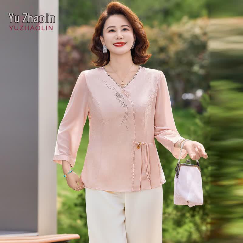 YUZHAOLIN New Chinese Style Seven-Sleeve Top for Middle-Aged Women
