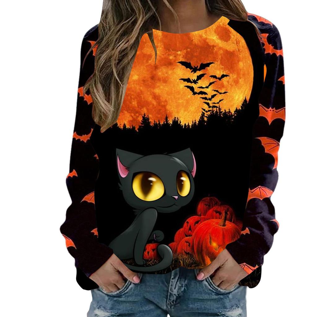 Dames avslappet mote Halloween-trykk langermet genser T-skjorte topp