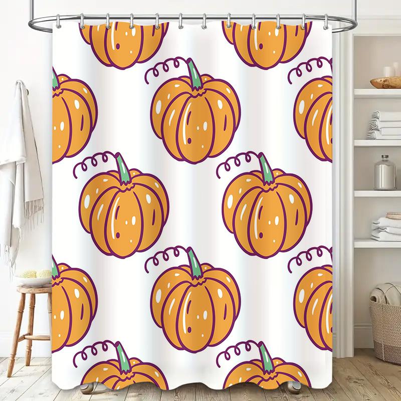 Vibrant Pumpkin Shower Curtain Set Perfect For Halloween Decorations Orange, Purple Green Floral Pattern Bath Mat Shower Curtain