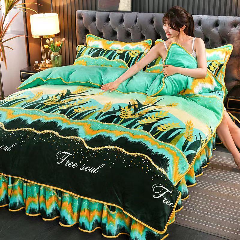 Kaufe King-Size-/Queen-Size-/Twin-Size-Winter-Flanell-Bettrock, Bettbezug, Kissenbezug, vierteiliges Set, verdickte, warme, einfache Bettwäsche, hohe Qualität zum Preis ab 47