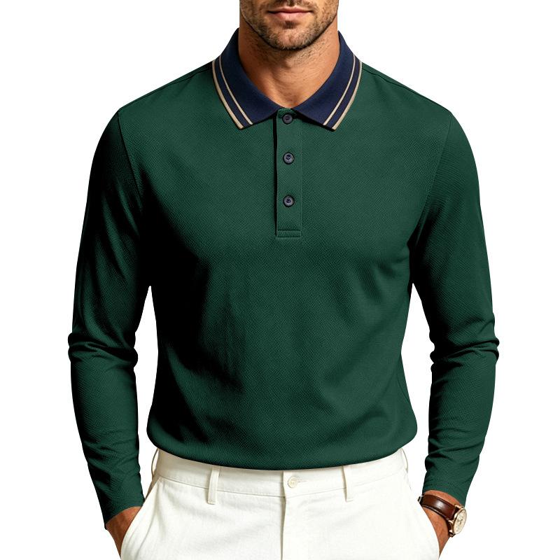 Autumn Mens Solid Long Sleeve Polo Shirt Contrast Striped Lapel Collar Button Placket Breathable Golf Casual Wear Tees