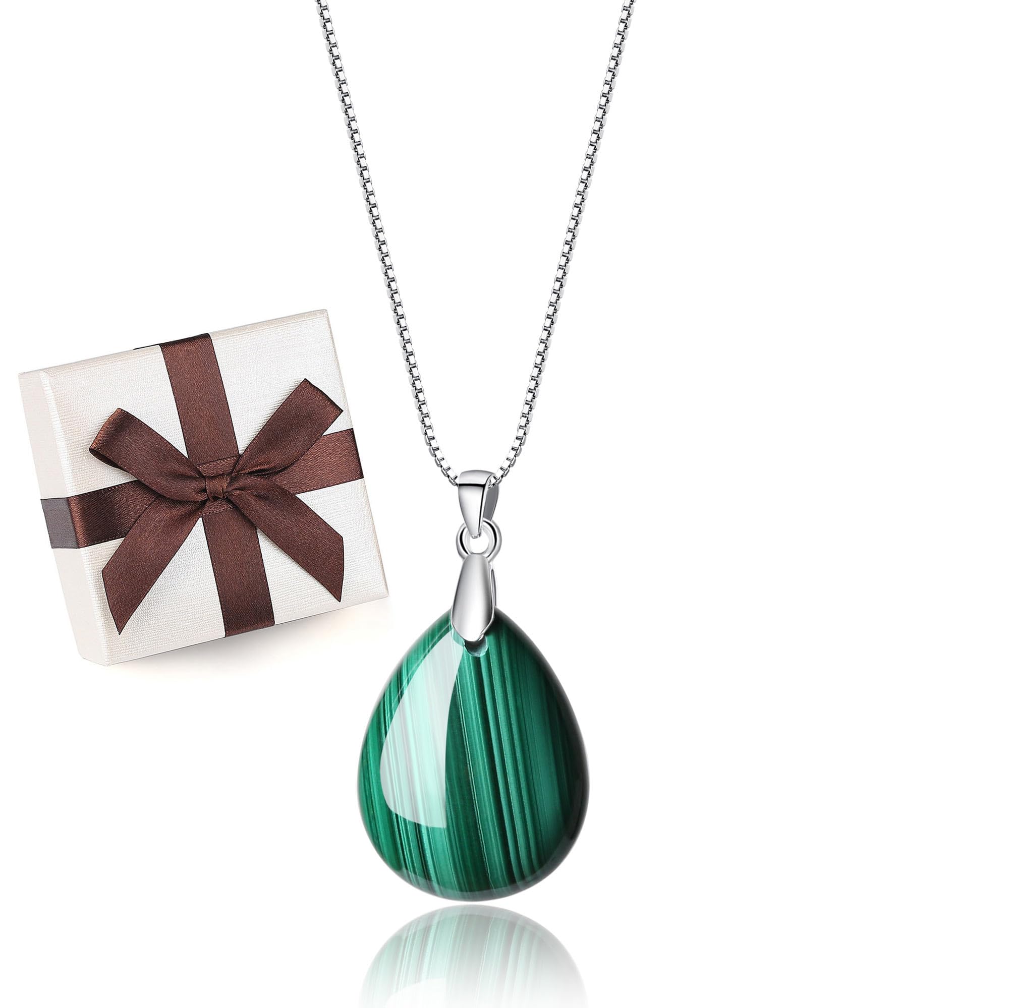 

[KOAI] Malachite Teardrop Pendant, Purification and Good Fortune Amulet Power Stone Pendant, 925 Silver Chain, Women s