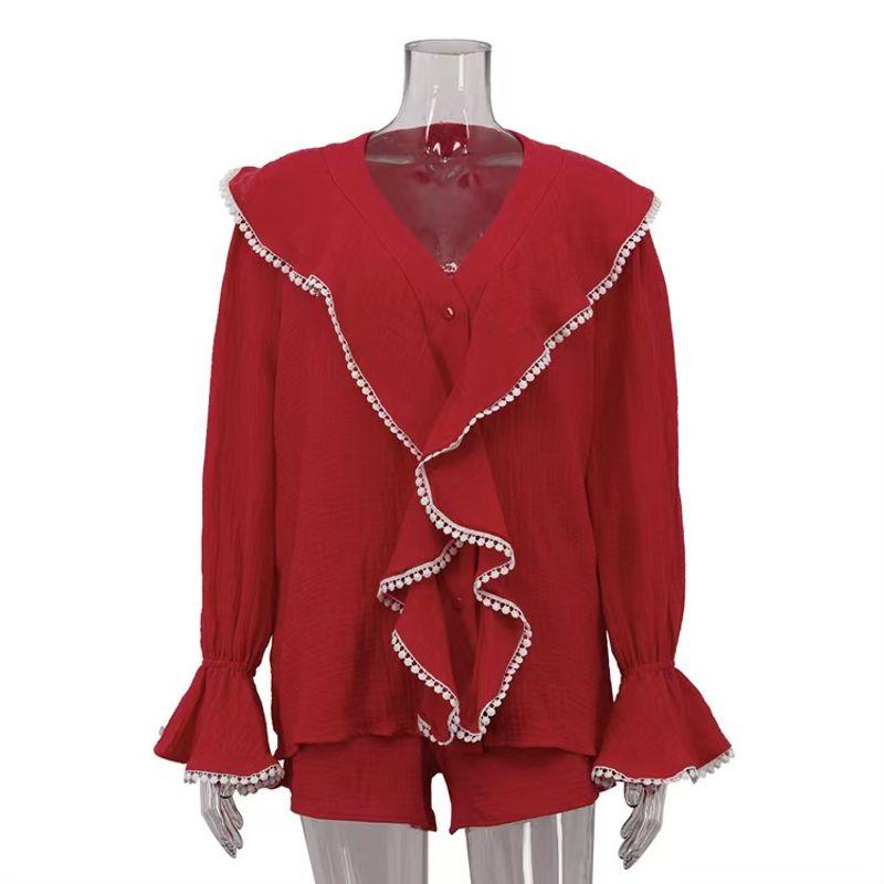 

Fashion Wind New Arrival Fashion Ruffles V Neck Tops Shorts Suit V-Neck Top and Shorts Set Red L