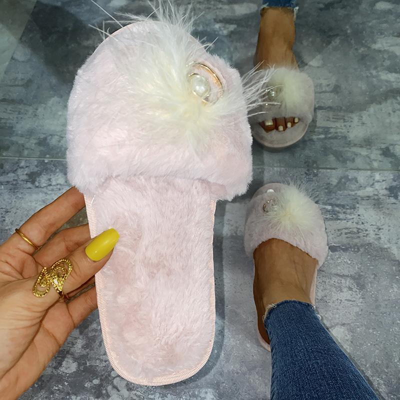 Fashion Light Open Toe Cotton Slippers for Women Elegant Pearls Detor Indoor Cotton Slippers Woman Soft Faux Fur Flats Plush Slides Lady