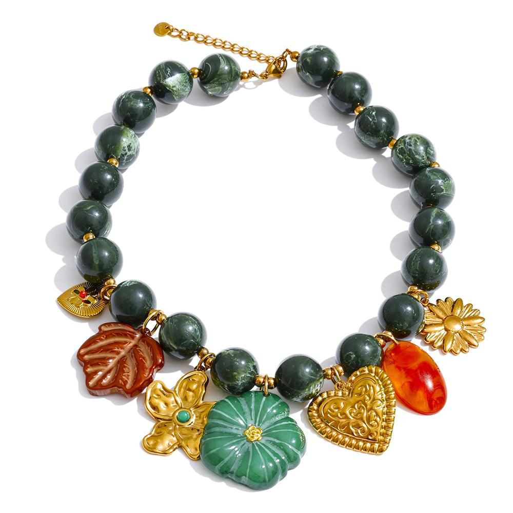 Eetit Stainless Steel Green Acrylic Beads Chain Handmade Jewelry Leaf Flower Heart Drop Charm Necklace 2025 Arrivals Popular