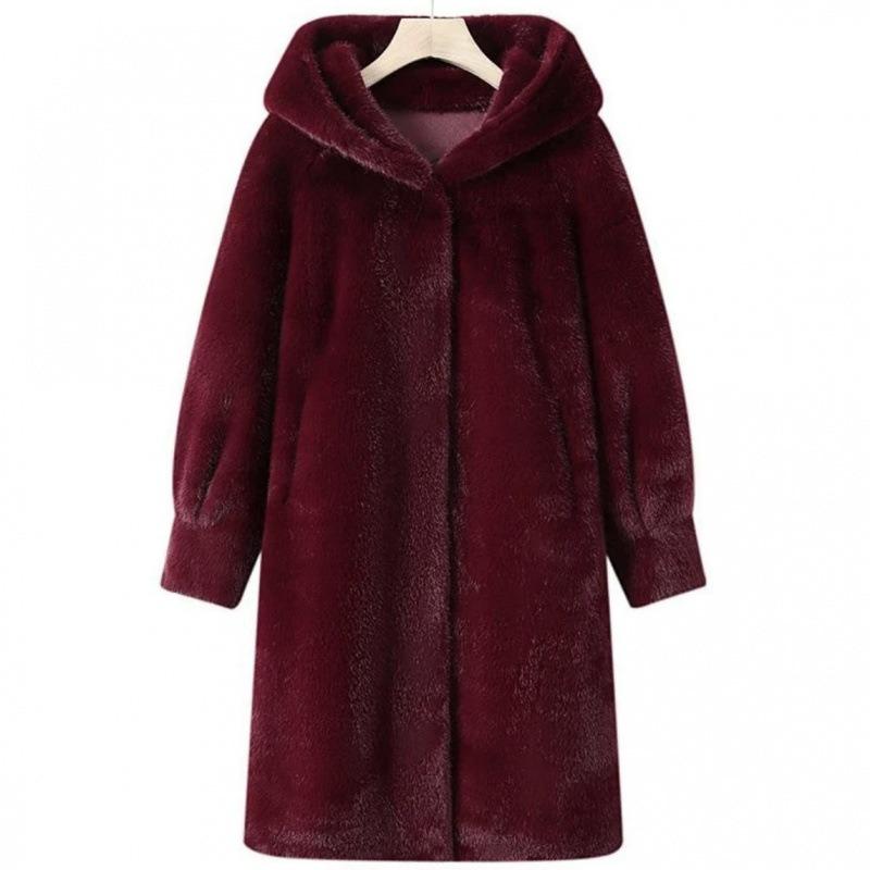 Hooded Extended Knee Fur Integrated Coat Women's Ankola Red Fur Jacket New Imitation Mink Leather