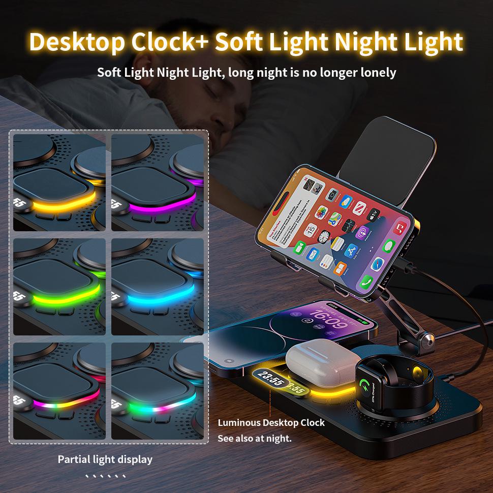 7-in-1 Foldable Wireless Charger for Phone, Watch, Earbuds, Clock, and Lights with Tablet Stand