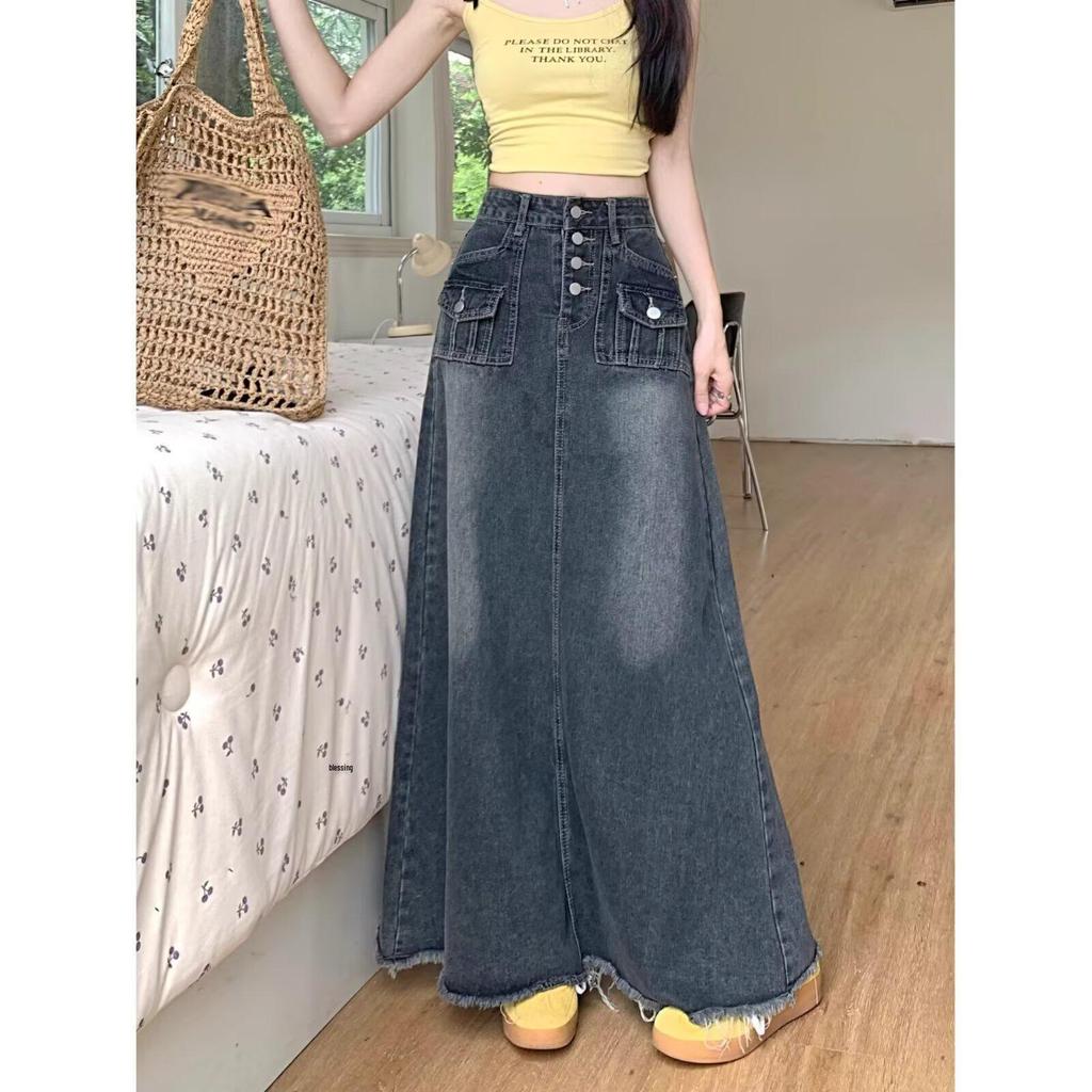 Spring Autumn Retro Plus Size High Waist A-line Denim Skirt for Women - Flattering Pear Shaped Figure & Slimming Belly Coverage