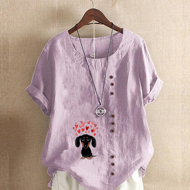 Women's Fashion Love Dog Prined Round Neck Short Sleeve T-shirt Casual Cotton Linen Graphic Shirt Leisure Loose Summer Blouse Tops
