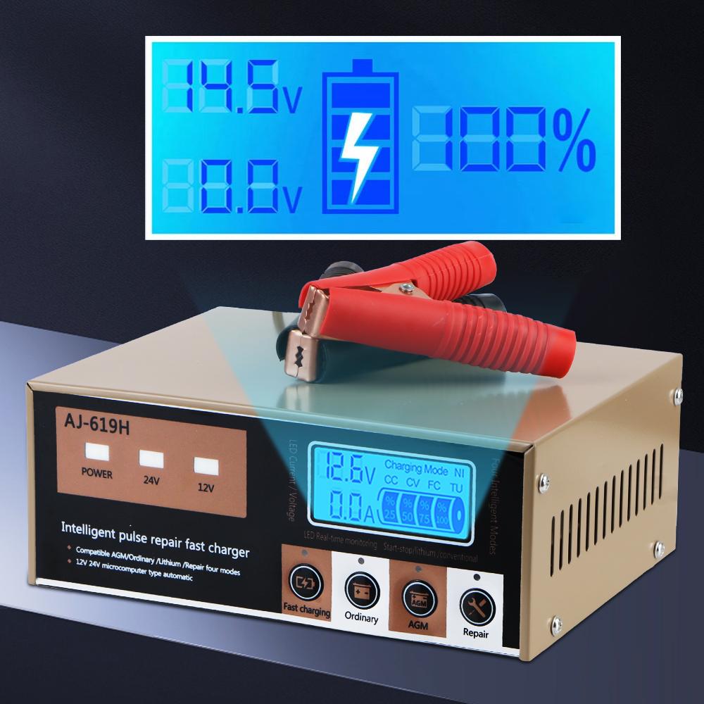 For Motorcycle SUV Truck Smart Car Battery Charger High Power 12V 24V 260W LED Display Intelligent Pulse Repair Battery Charging