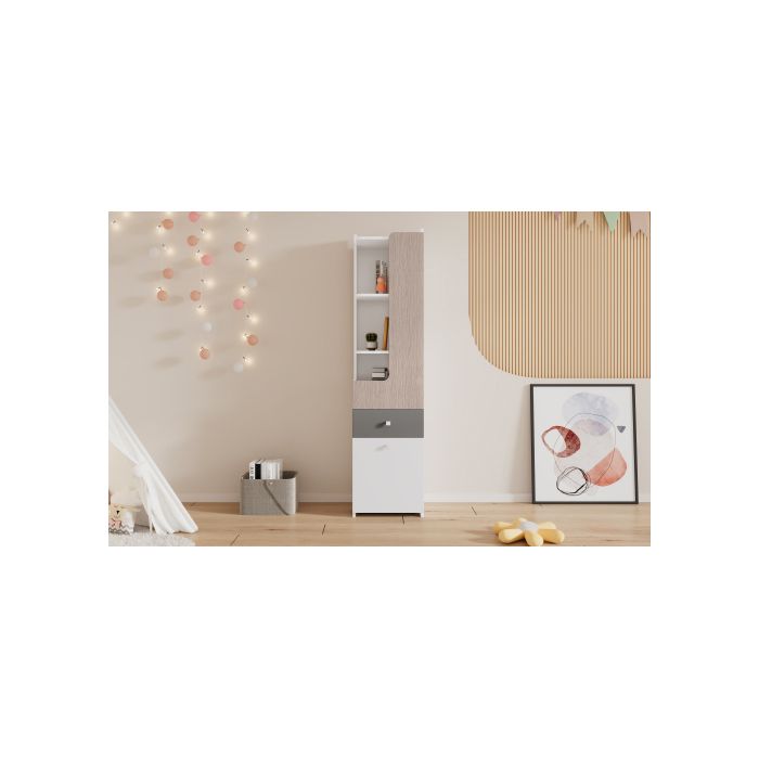 Bibliothèque - MUVOE - Haute - MDF - Blanc, Orme Clair, Gris - 2 Étagères