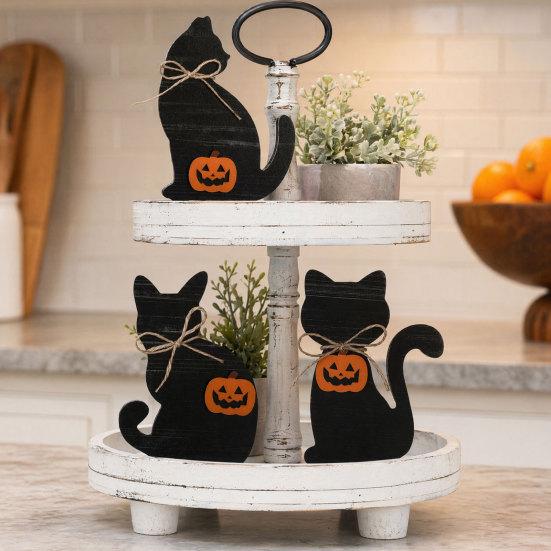 Witch Hat Table Decorations 3Pcs Halloween Decoration, Black Cat Ghost Decor, Figurines Rustic Farmhouse Wooden Centerpieces for Home Office