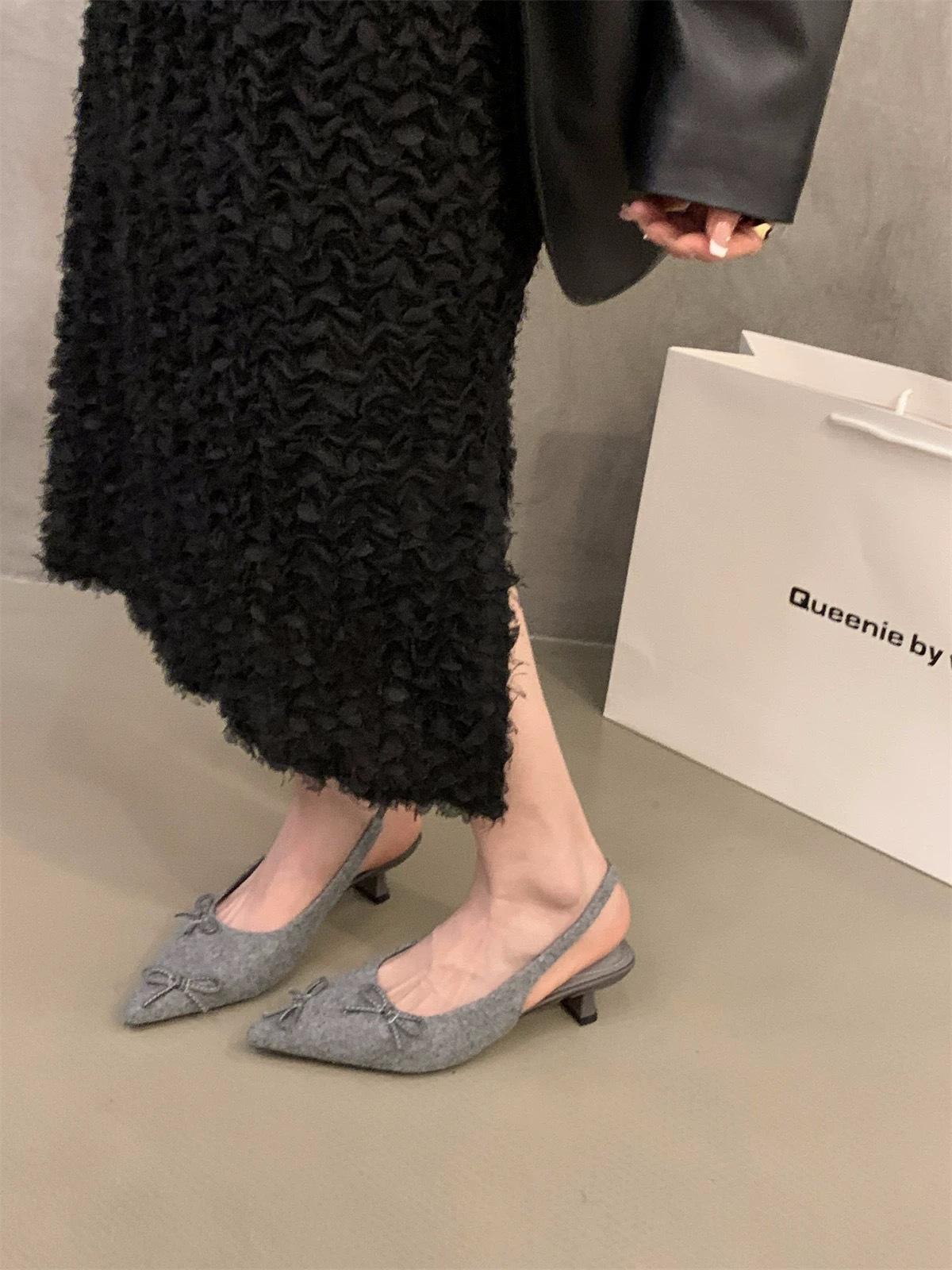 

French small high heel black suede bag head sandals fairy shoes 2025 new spring and summer temperament socialite single shoes 35 серый