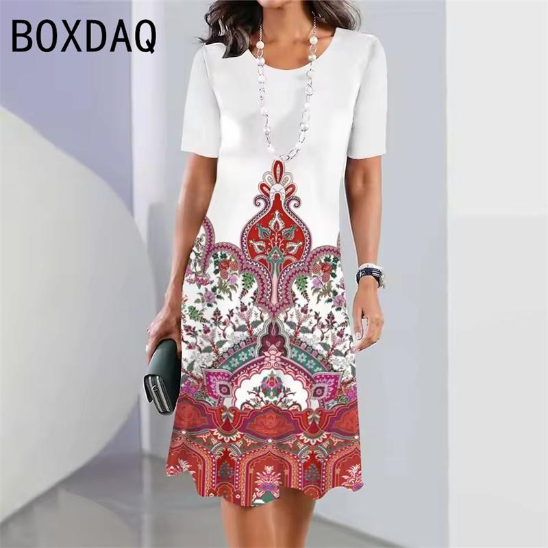 Retro Ethnic Print Mini Dress Women's Fashion Street Style Summer Short Sleeve Round Neck Casual Dress Vestidos De Mujer