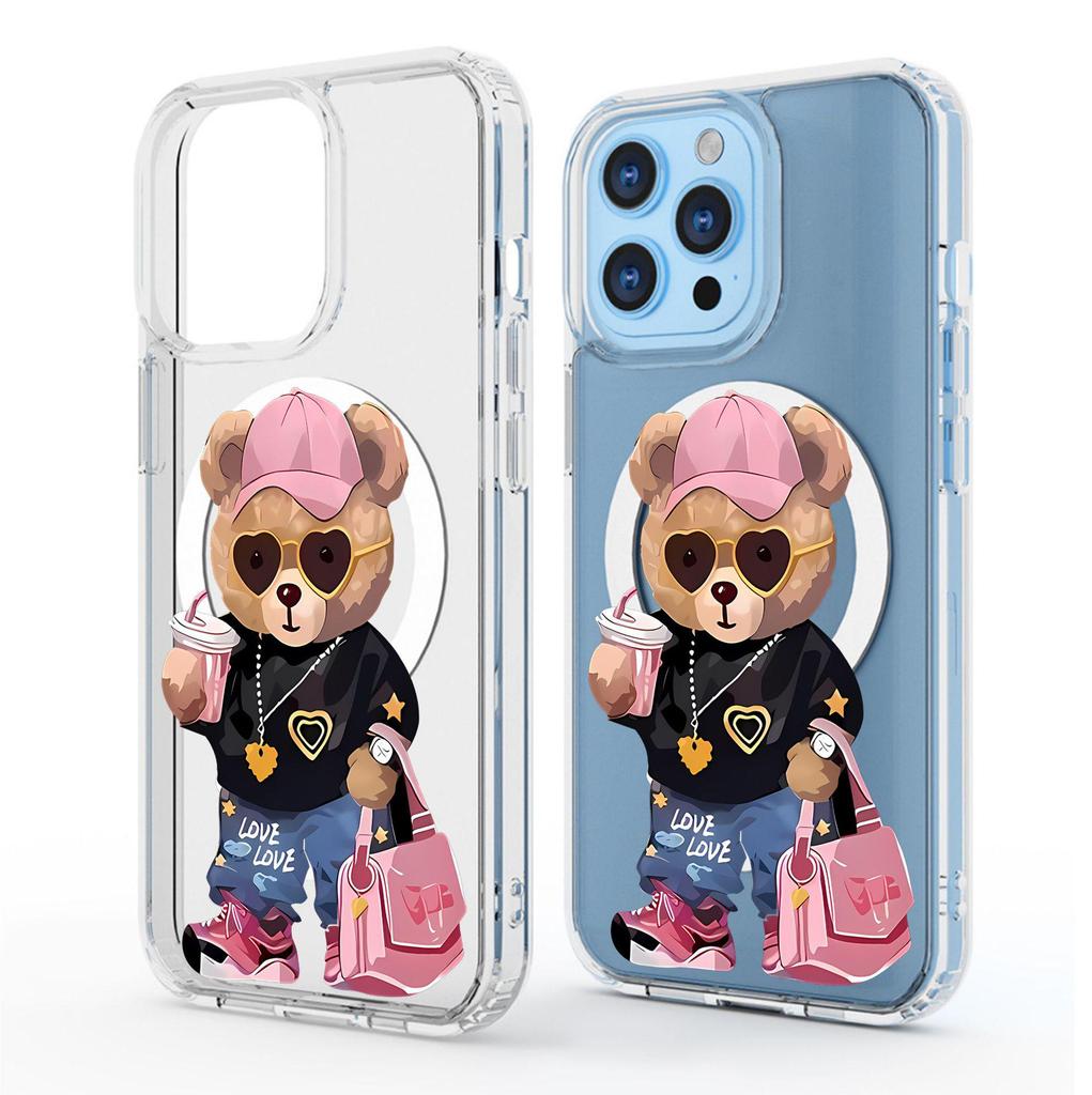 Kreskówkowy Miś Magnetyczne Etui na Telefon dla iPhone 15/16/17 Pro Max - Przezroczyste Pełne Pokrycie