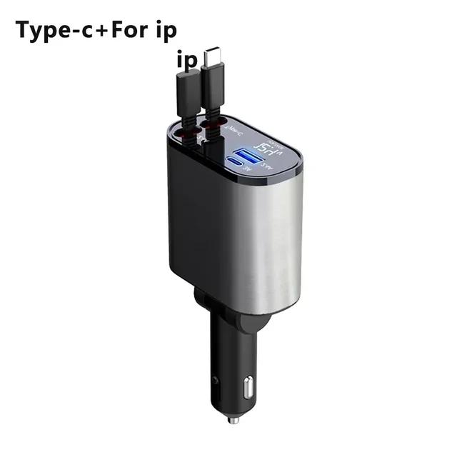 106W 4 IN 1 Retractable Car Charger USB Type C Fast Charger Digital Display Cigarette Lighter Adapter PD QC3.0 for IPhone/Samsun