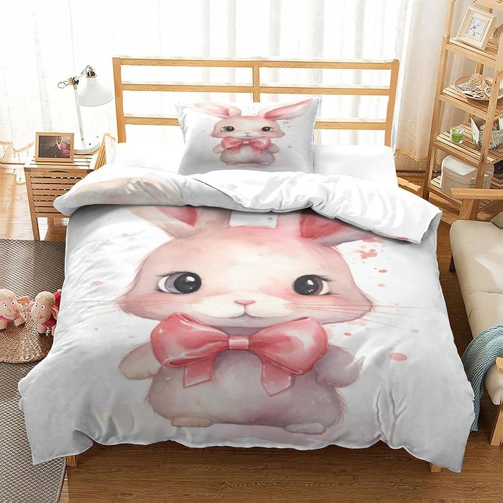 Cartoon rabbit bedding set with 3D printing for children and adults, luxurious ultra-fine fiber soft down duvet cover with zippe