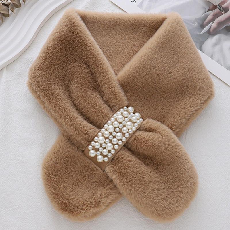 Girls Winter Warm Thicken Scarfs Pearl Cross Buckle Faux Fur Plush Cross Collar Scarf Shawl Lovely Warm Soft Scarf
