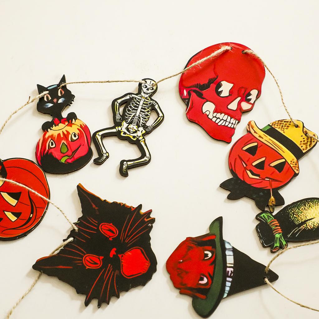 1 Stück Halloween-Girlande Banner, Vintage Kürbis, Schwarze Katze, Skelett & Totenkopf Formen, Wandbehang Dekoration für Hausparty & Kamin