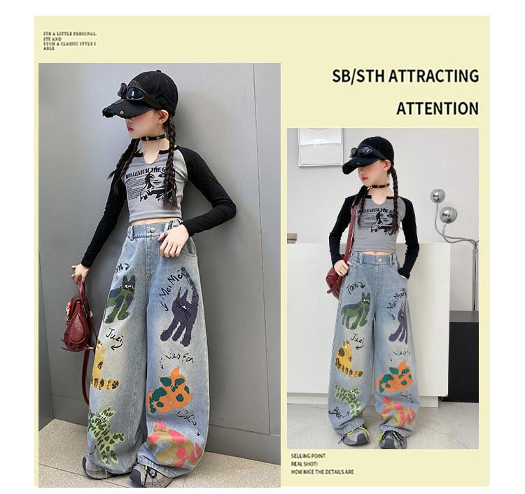 Girls' Graffiti Wide-Leg Jeans - Spring/Autumn Casual Fashion Pants