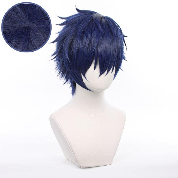 LVMEY Game Character Cosplay Wig Dark Blue Shot Disguise Heat Resistant Wig Wig Costume Fancy Dress Comiket Event Halloween Christmas School Festival