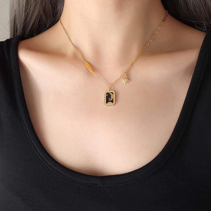 Korean INS Style Star Moon Pendant Necklace & 18K Gold-Plated Earrings Set