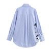 2025 Spring/Autumn Floral Print Blue Striped Loose Fit Long Sleeve Shirt with Turn-Down Collar