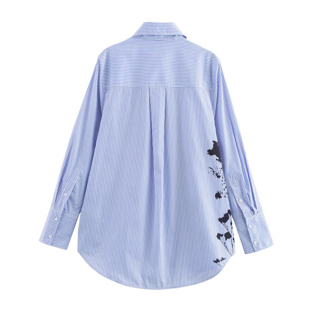2025 Spring/Autumn Floral Print Blue Striped Loose Fit Long Sleeve Shirt with Turn-Down Collar