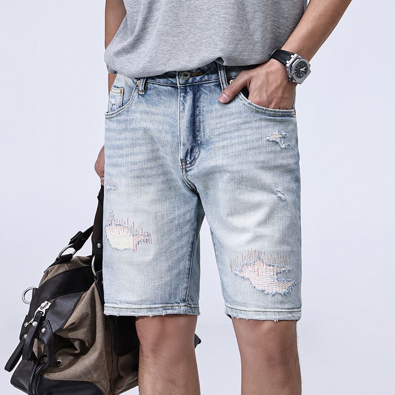 New Summer Light-colored Denim Shorts Men's Slim Straight Mid-tie Ripped Five-point Pants