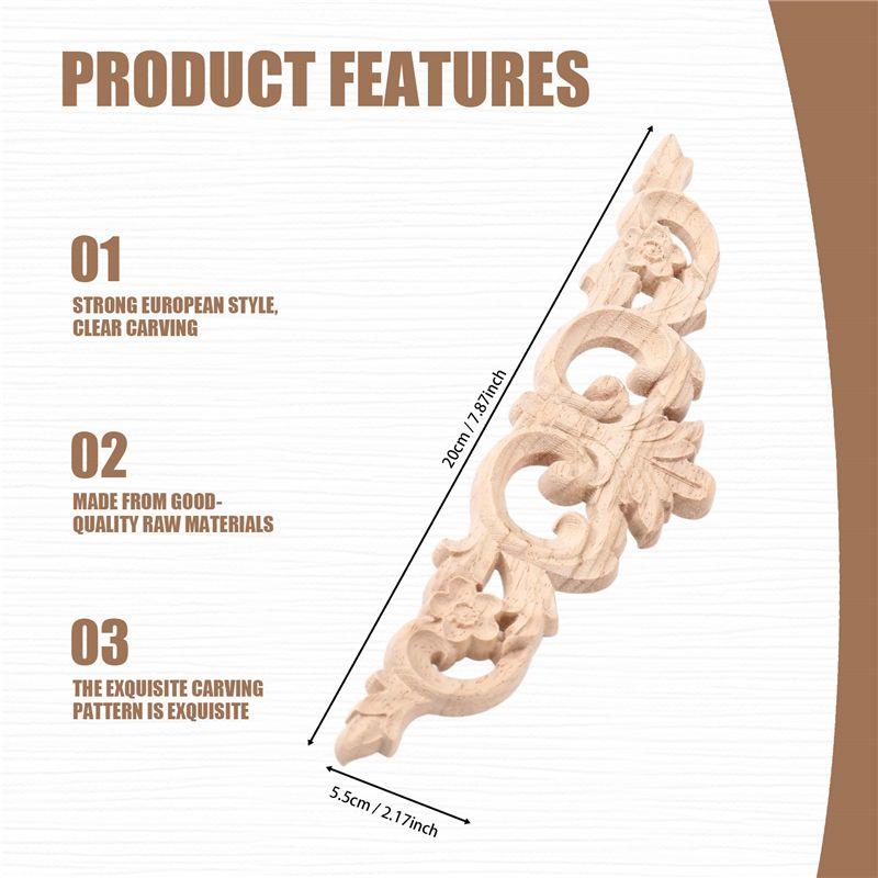 M-Modern-6Pcs Onlay Wood Mouldings Wood Applique Wood Decal Carved Unpainted Long Flower Rubber Wood Corner Furniture