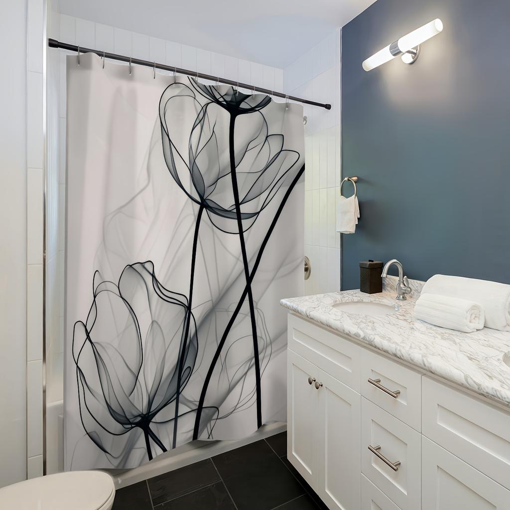 Abstract Art Flower Pattern Digital Printing Shower Curtain, Bathroom Home Decoration, Complimentary Hook, Machine Washable