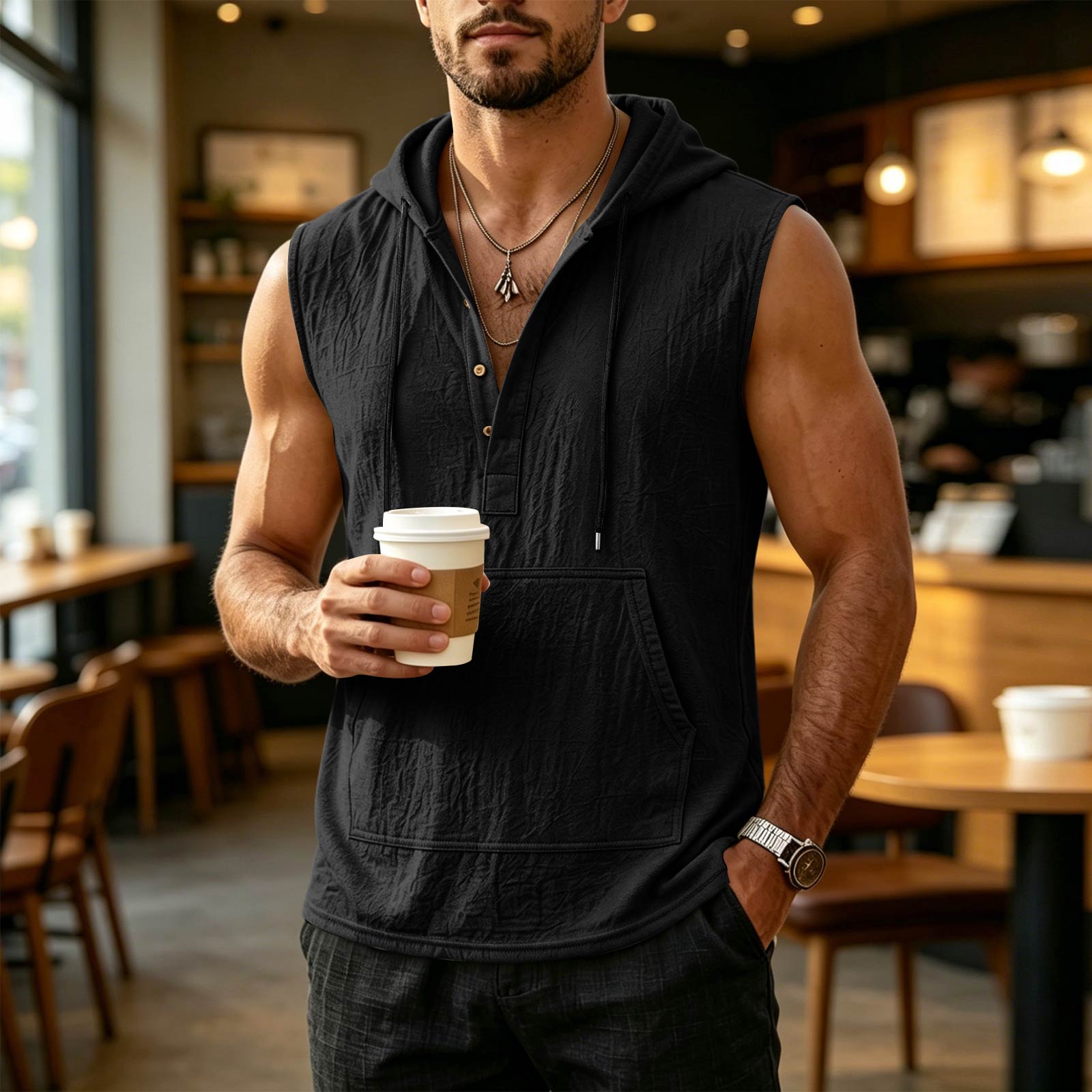 Men s Summer Loose Fit Sleeveless Hoodie Vest Casual Linen Pullover Shirt Lightweight Breathable Beachwear L чёрный