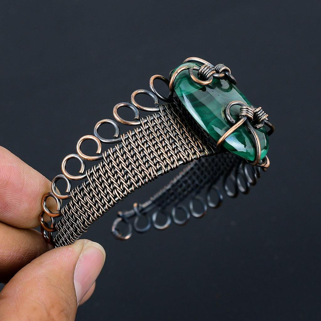 Fancy Malachite Gemstone Pure Copper Wire Wrapped Handmade Cuff/ Bangle Jewelry