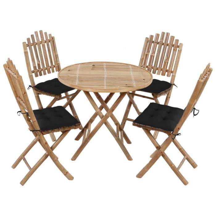 Mobilier à dîner d'extérieur pliable 5 pcs avec coussins Bambou