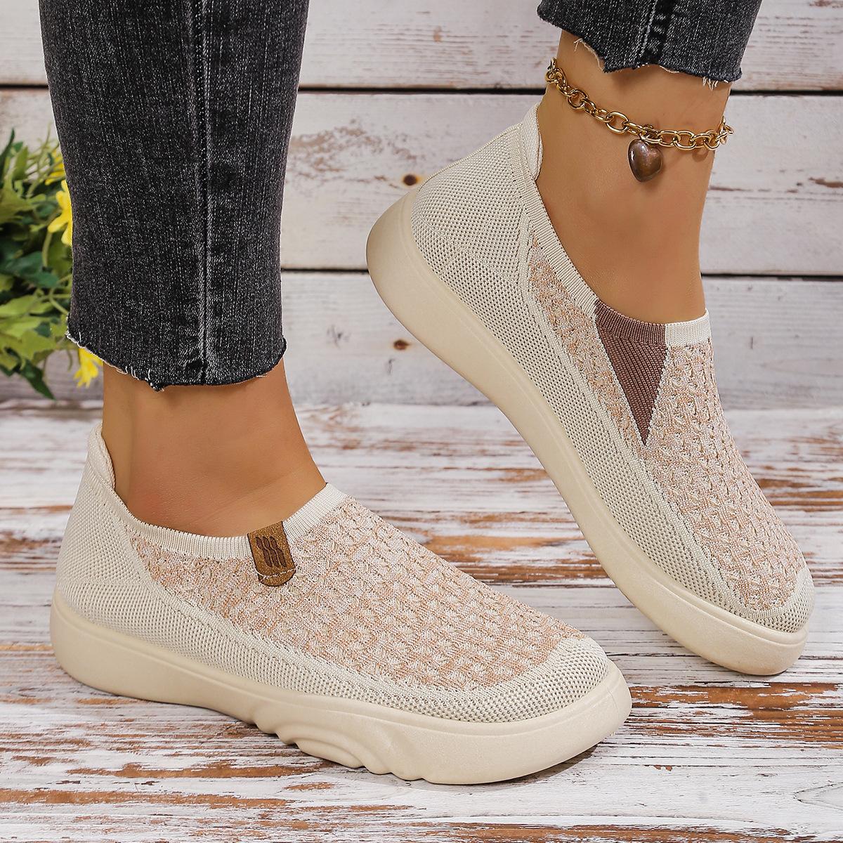 

Женские однотонные дышащие спортивные туфли, легкие и нескользящие туфли для ходьбы с мягкой подошвой, вязаные повседневные туфли с низким верхом 39 бежевый