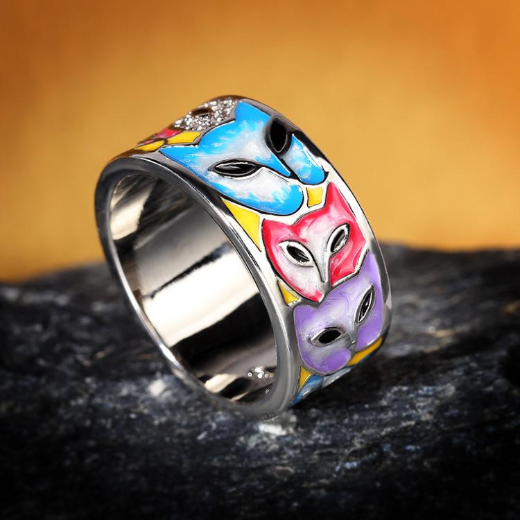 Exquisite Handmade Enamel  Women's Suit Fashion Gradient Color Fox  3 Piece Set Ring Necklace Stud Earrings