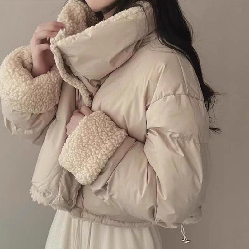 Womens Short Fleece Lined Cotton Coat Loose Reversible Winter Jacket Turn Down Collar Long Sleeve Solid Color Plus Size