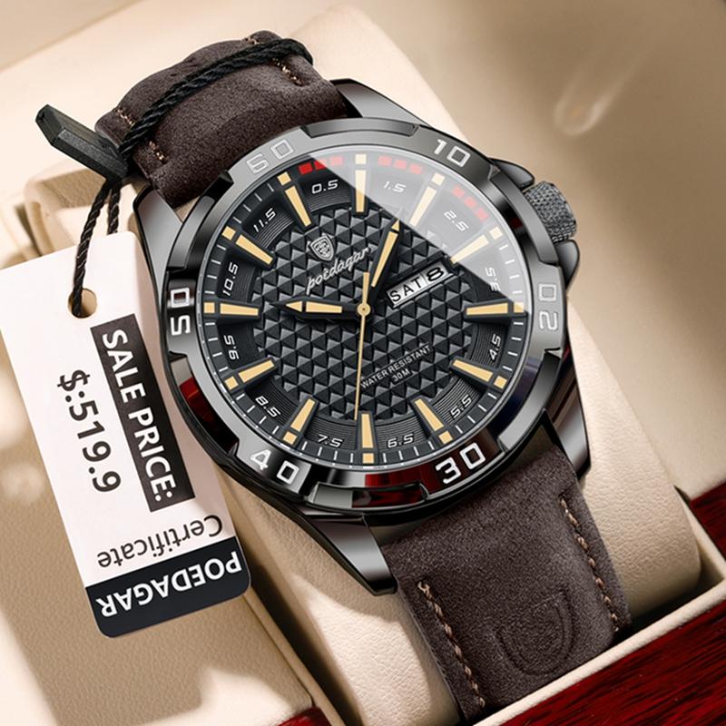 Top Luxury Waterproof Luminous Date Week Watch For Men Quartz Sport Leather Men's Watches