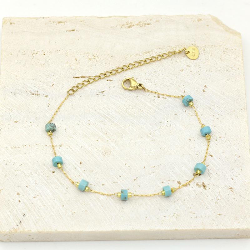 Gold-Plated Stainless Steel Bracelet with Natural Stone Beads (Turquoise & Malachite)
