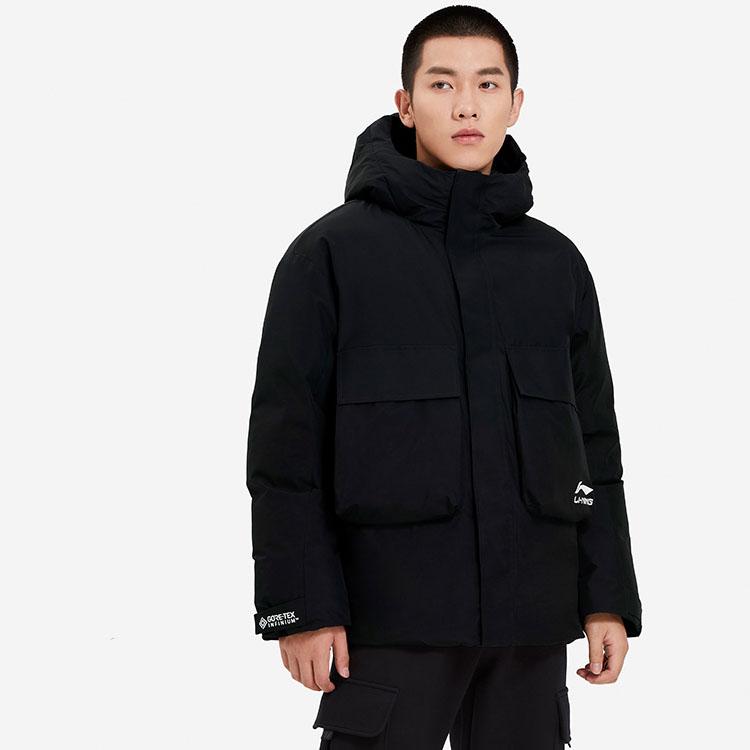 Li Ning Solid Color Warm Comfortable Multi Pocket Hooded Down Jacket Men Jacket Black AYMS147-1
