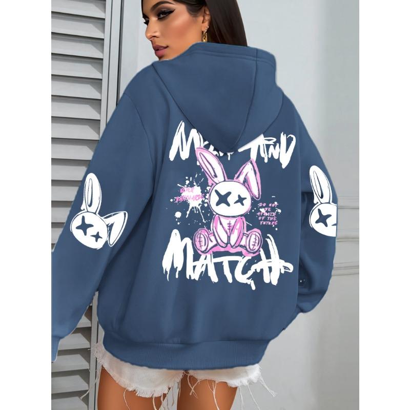 Mix And Match Cartoon Rabbit Prints Women Hoodie Pocket Streetwear Loose Hoody All-Match Fleece Female Clothing