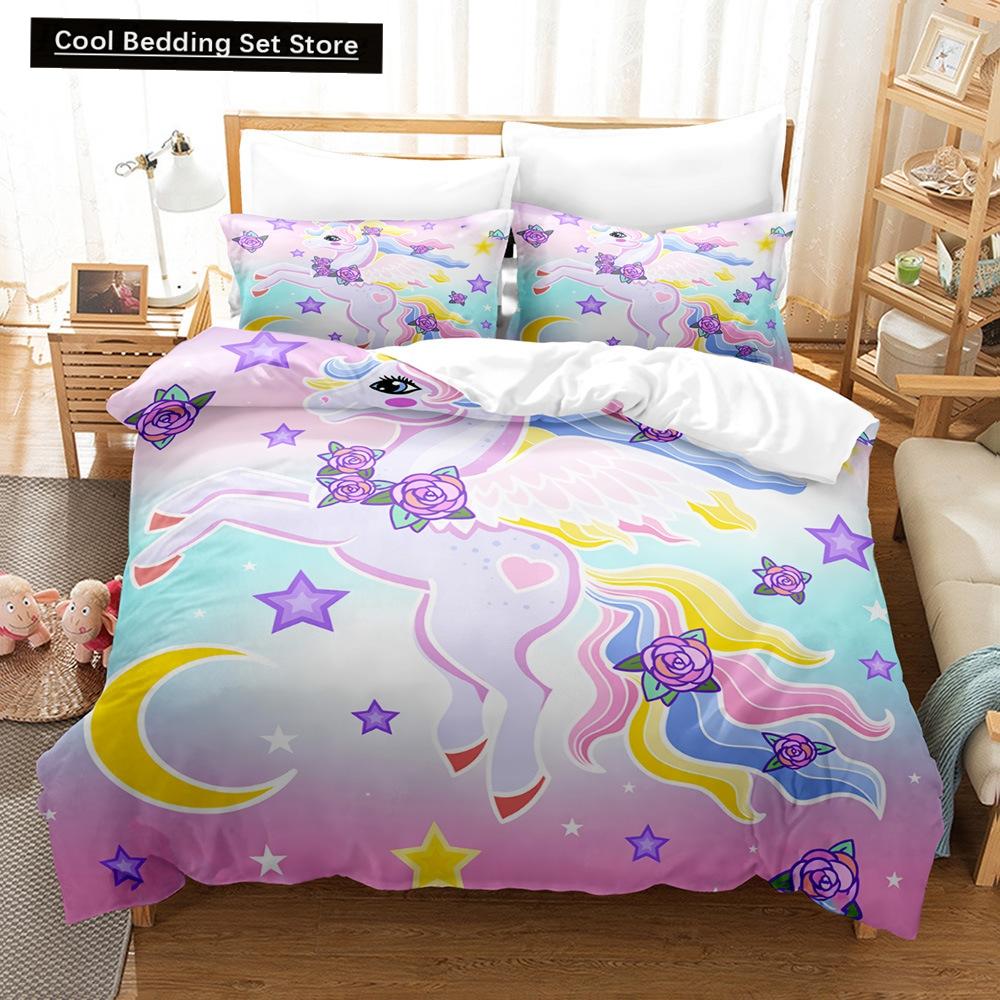 

Комплект постельного белья Rainbow Unicorn Kawaii с изображением мультяшных животных для детей и девочек, 2/3 шт., односпальный, двуспальный, двуспальный, комплект пододеяльников размера Queen EU single(135x200cm)